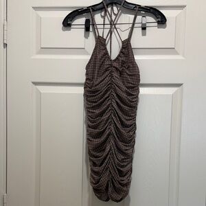 Brown Ruched Plaid Dress